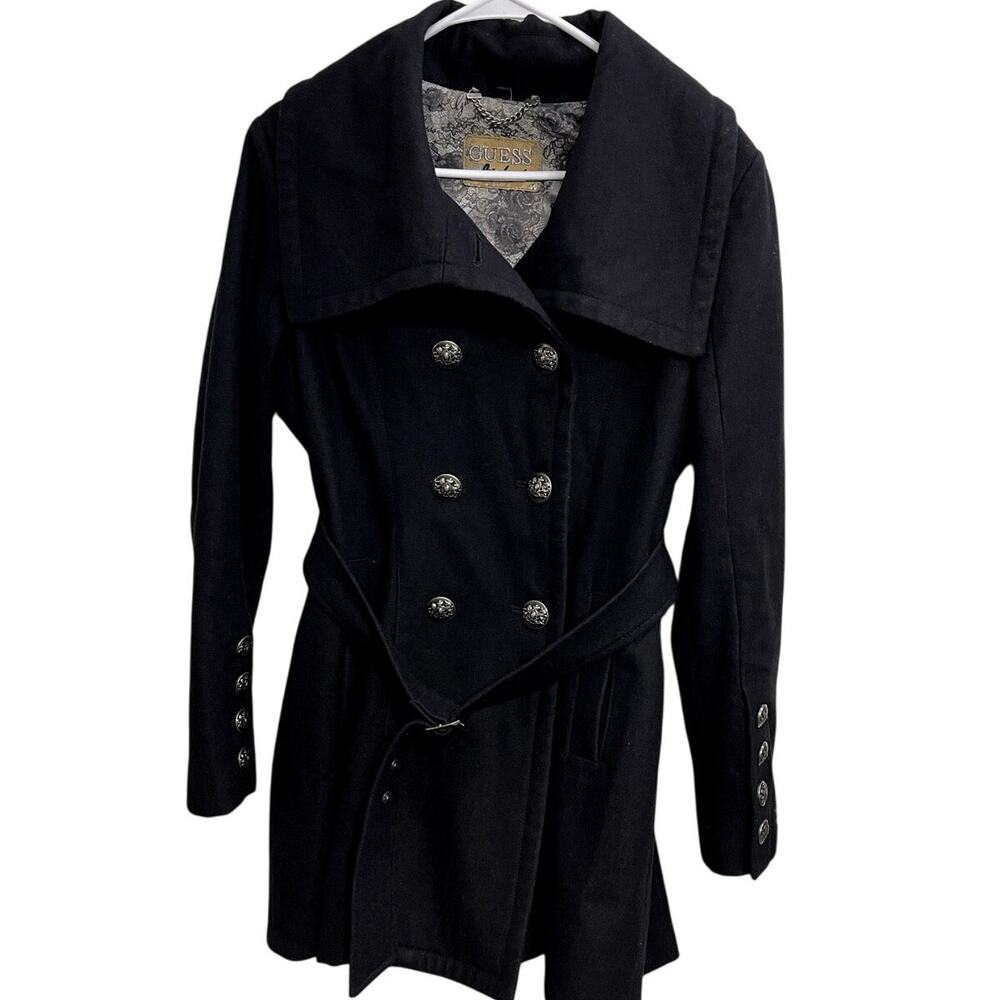 Y2K Black Guess Double Breasted Wool Blend Peacoat Old Money Academia Size L